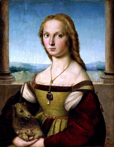 Reproduction of Portrait of Young Woman with Unicorn by Raphael - Graphic design. Young woman holding a unicorn.