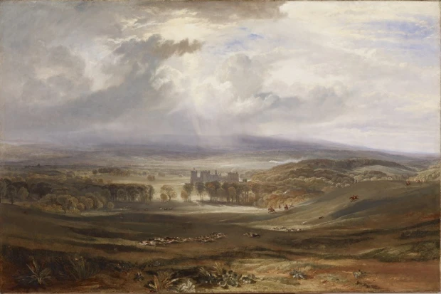Reproduction of Raby Castle, home of the Earl of Darlington, by William Turner - Graphic design. The image depicts the castle.