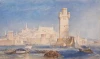 Reproduction of Rhodes by William Turner. The image shows a port with a tower, boats on the water, and buildings in the background.