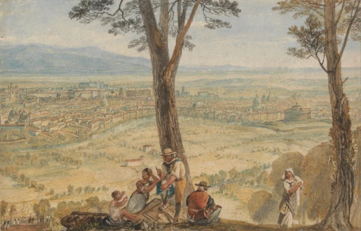 Reproduction of Rome from Monte Mario by William Turner. The image shows a city view from above with figures.