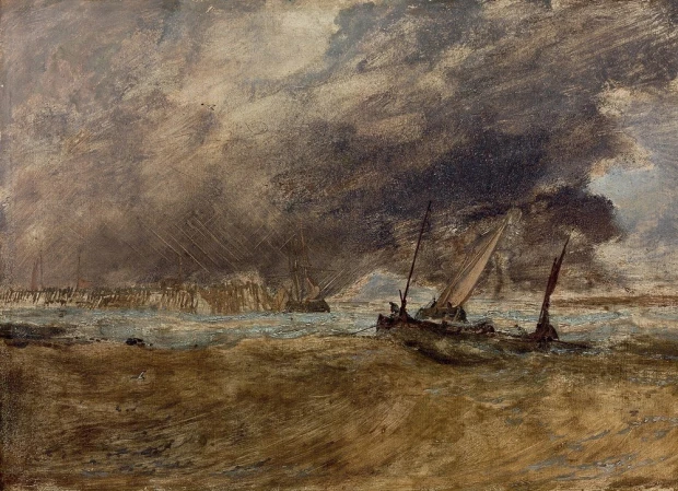 Seapiece reproduction featuring fishing boats by a wooden pier with an approaching gale, by William Turner.