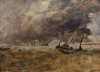Seapiece reproduction featuring fishing boats by a wooden pier with an approaching gale, by William Turner.
