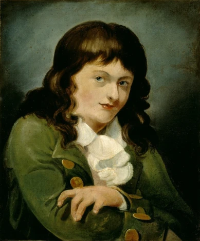 Self-Portrait reproduction by William Turner. Young man with long hair in a green coat, with hands visible.