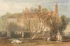 Reproduction of Steeton Manor House, Near Farnley by William Turner. Image features a house with trees and figures.