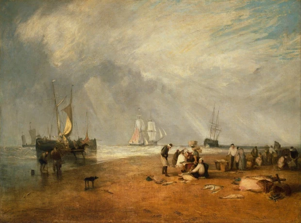 Reproduction of The Fish Market at Hastings Beach by William Turner. Image features fishermen and boats on the beach.