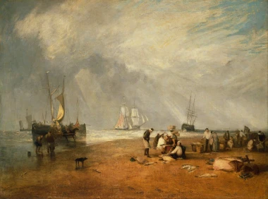 Reproduction of The Fish Market at Hastings Beach by William Turner. Image features fishermen and boats on the beach.