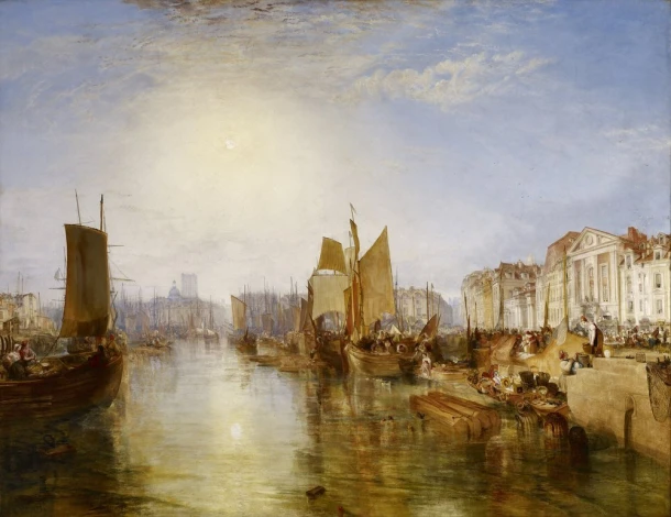Reproduction of The Harbor of Dieppe by William Turner. Artwork depicts a port with boats and buildings.