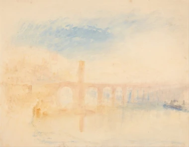 Reproduction of The Moselle Bridge, Coblenz by William Turner - Graphic design featuring an arched bridge against a blurred sky and water.