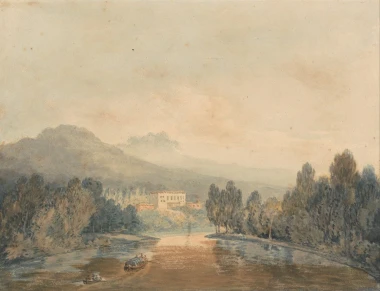 Reproduction of Villa Salviati on the Arno by William Turner. The image depicts a river with boats surrounded by nature.