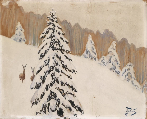 Winter reproduction by Julian Fałat - Graphic design featuring two deer against a snowy forest and mountains.