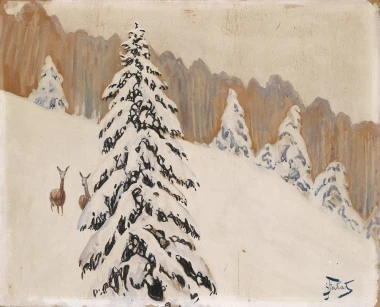 Winter reproduction by Julian Fałat - Graphic design featuring two deer against a snowy forest and mountains.