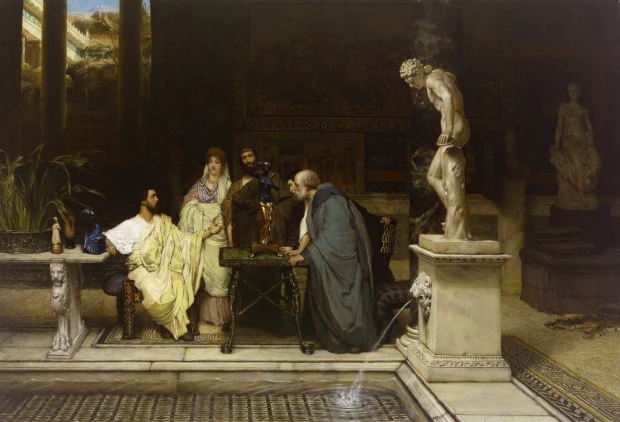 Reproduction of An Art Lover by Lawrence Alma-Tadema - Interior arrangement of a Roman home with dark-colored walls, classic style.
