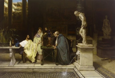 Reproduction of An Art Lover by Lawrence Alma-Tadema - Interior arrangement of a Roman home with dark-colored walls, classic style.