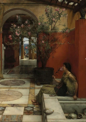 Reproduction of An Oleander by Lawrence Alma-Tadema - Interior arrangement with classic elements. Warm wall colors.