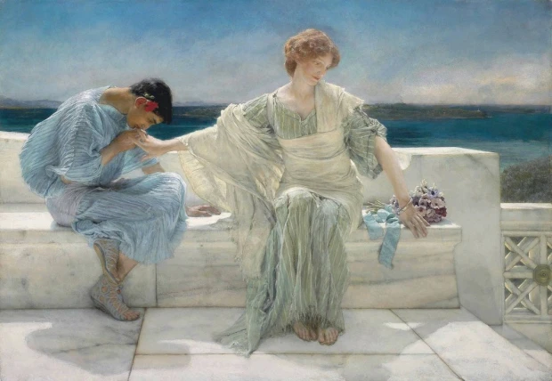 Reproduction of Ask Me No More by Lawrence Alma-Tadema. The image features a woman in a light dress and a man.