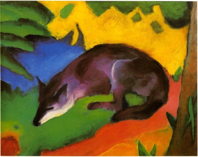 Reproduction of Blue-Black Fox by Franz Marc. The image features a lying fox against a backdrop of colorful green patches.