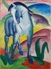 Reproduction of Blue Horse I by Franz Marc - A blue horse on a colorful background with green accents.