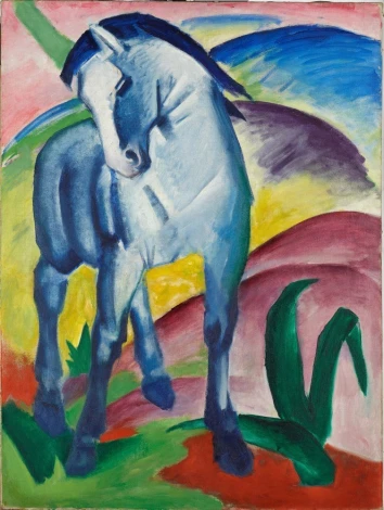 Reproduction of Blue Horse I by Franz Marc - A blue horse on a colorful background with green accents.