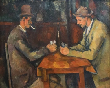 Reproduction of Card Players by Paul Cézanne - Graphic design featuring two figures at a table playing cards with a bottle in the background.