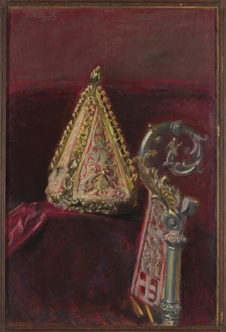Reproduction of Bishop Strzemiński\'s Infuła by Leon Wyczółkowski. Triangular item with decorative elements.