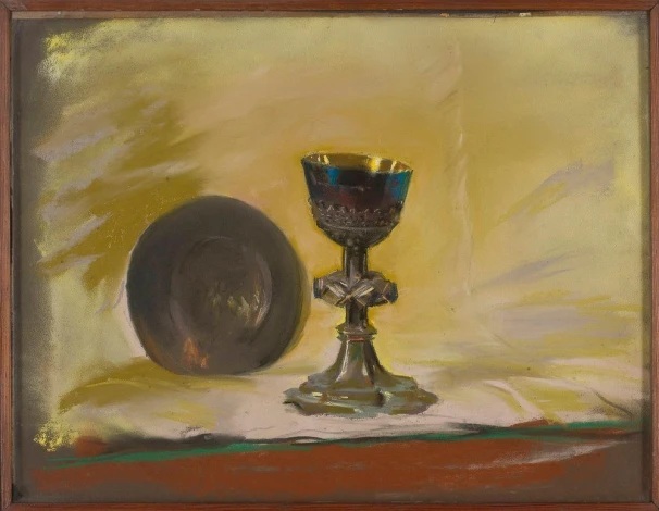 Reproduction of Bishop Padniewski\'s Chalice by Leon Wyczółkowski. The image features a chalice against a vibrant background.