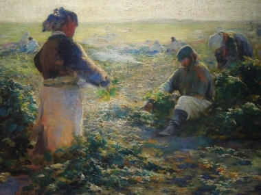 Reproduction of "Digging Beets" by Leon Wyczółkowski. Two figures in a field, one collecting beets, the other sitting.