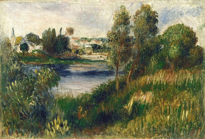 Reproduction of Landscape at Vetheuil by Renoir - Graphic design. The image depicts a landscape with a river and trees.