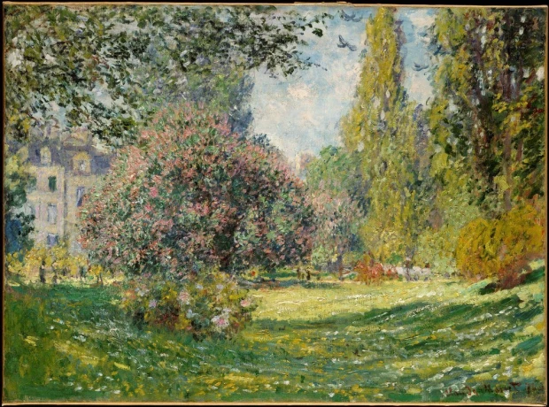 Reproduction of Landscape The Parc Monceau by Claude Monet. The image depicts a park with trees and shrubs.