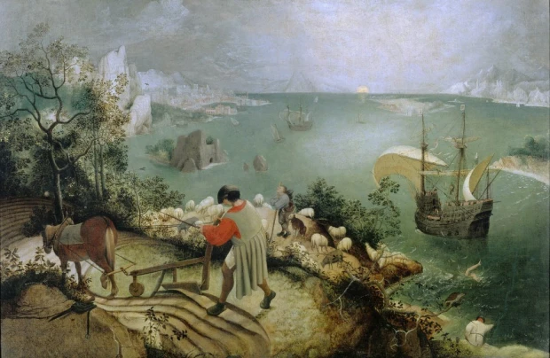 Reproduction of Landscape with the Fall of Icarus by Pieter Bruegel - Graphic design featuring a farmer, ship, and sea.