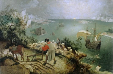 Reproduction of Landscape with the Fall of Icarus by Pieter Bruegel - Graphic design featuring a farmer, ship, and sea.