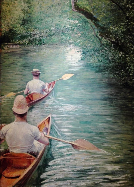 Reproduction of Les Perissoires by Gustave Caillebotte, featuring two men rowing.