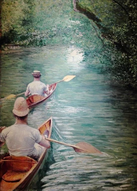 Reproduction of Les Perissoires by Gustave Caillebotte, featuring two men rowing.