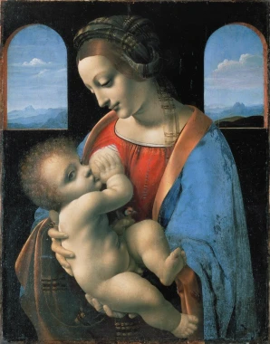 Reproduction of Madonna Litta by Leonardo Da Vinci - Graphic design featuring harmonious shapes of Madonna and Child.