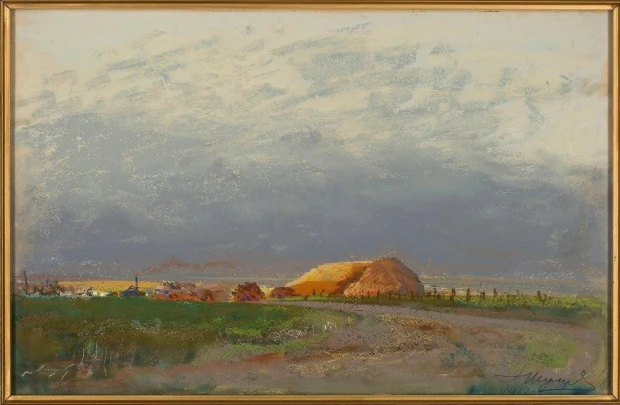 Reproduction of Młocka in Ukraine by Leon Wyczółkowski. The image features a landscape with clouds, a field, and a haystack.