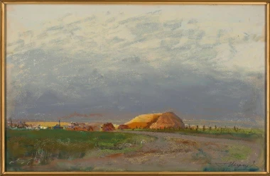 Reproduction of Młocka in Ukraine by Leon Wyczółkowski. The image features a landscape with clouds, a field, and a haystack.