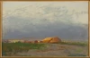 Reproduction of Młocka in Ukraine by Leon Wyczółkowski. The image features a landscape with clouds, a field, and a haystack.
