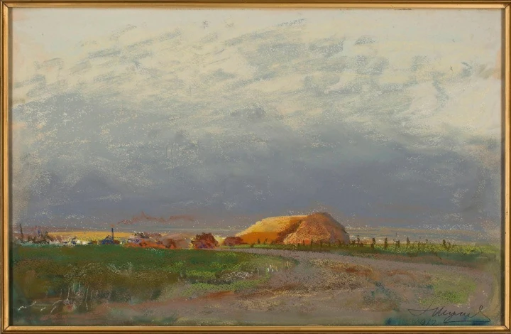 Reproduction of Młocka in Ukraine by Leon Wyczółkowski. The image features a landscape with clouds, a field, and a haystack.