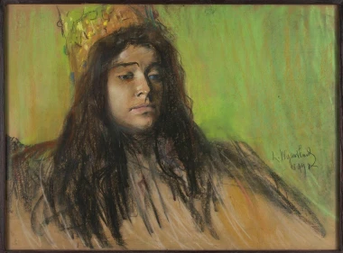 Woman bust in a crown by Leon Wyczółkowski - Graphic design. Long-haired woman in a crown against a backdrop.