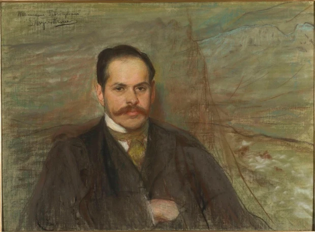 Portrait reproduction of Kazimierz Przerwa-Tetmajer by Leon Wyczółkowski. Man with a mustache against a backdrop.