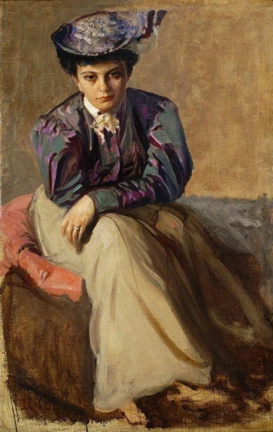 Portrait reproduction of Zofia Cybulska by Leon Wyczółkowski. Depicts a woman in an elegant outfit.
