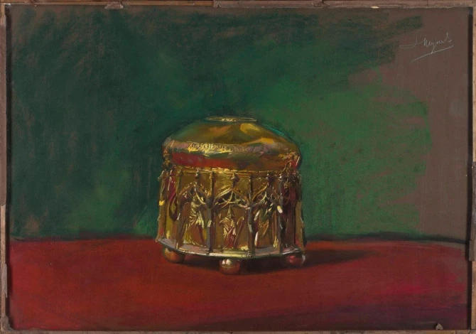 Reproduction of St. Florian\'s Can by Leon Wyczółkowski. The image features a golden can on a red background.