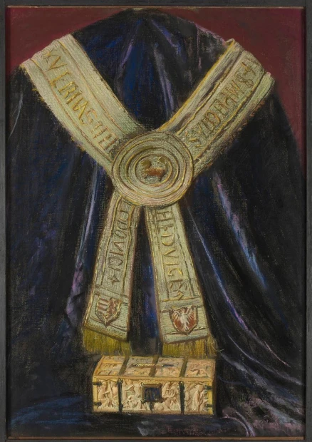 Reproduction of Queen Jadwiga\'s Rational, by Leon Wyczółkowski. The image features a sash on a dark background.