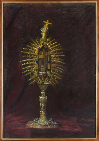 Reproduction of the Reliquary with the Nail of the Holy Cross by Leon Wyczółkowski. The image features a golden reliquary.