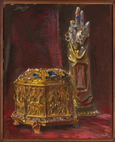 Reproduction of St. Stanislaus Reliquary by Leon Wyczółkowski. Features a golden reliquary with blue accents.