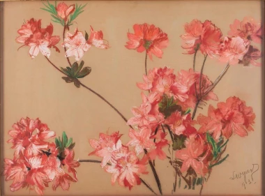Pink Azaleas reproduction by Leon Wyczółkowski - Graphic design. Flowers in shades of pink and white on a light background.
