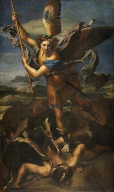 Reproduction of Saint Michael Vanquishing Satan by Raphael. Depicts Saint Michael in armor with a sword.