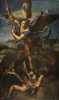 Reproduction of Saint Michael Vanquishing Satan by Raphael. Depicts Saint Michael in armor with a sword.