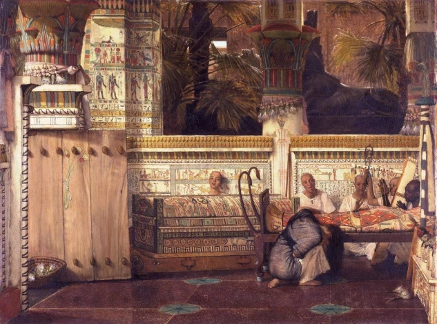 Reproduction of The Egyptian Widow by Lawrence Alma-Tadema - Interior arrangement with Egyptian elements and decorated walls.