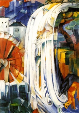 Reproduction of The Enchanted Mill by Franz Marc. The image features a mill, waterfall, and dynamic shapes.