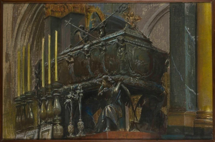 Reproduction of St. Stanislaus\' coffin by Leon Wyczółkowski. The image features a coffin with sculptural details.